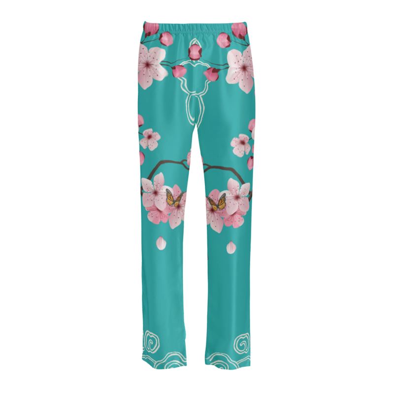 Cherry Blossoms Aqua Silk Pyjama Bottoms