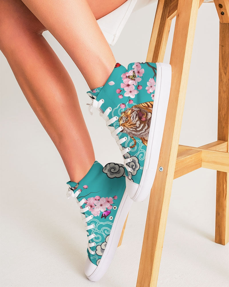 Cherry Blossoms Aqua Ladies Hightop Canvas Shoes