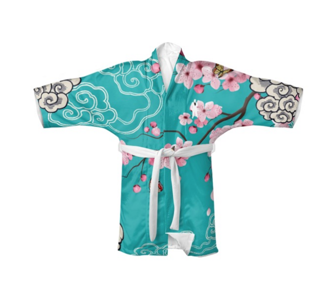 Cherry Blossoms Aqua Kimono Robe