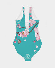 Load image into Gallery viewer, Cherry Blossoms Aqua One-Piece Swimsuit
